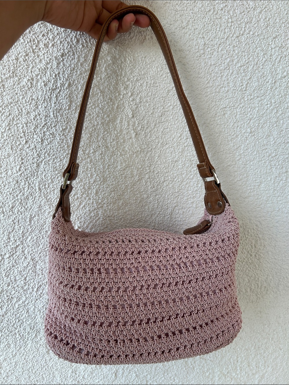 Blush Crochet Shoulder Bag with Brown Strap - Picture 2 of 8